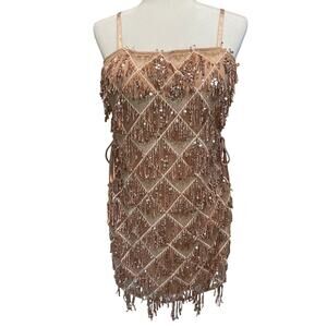 Akira Sequined Mini Dress Rose Gold NWOT Sheath Lace Up Sides Sz L Party Event